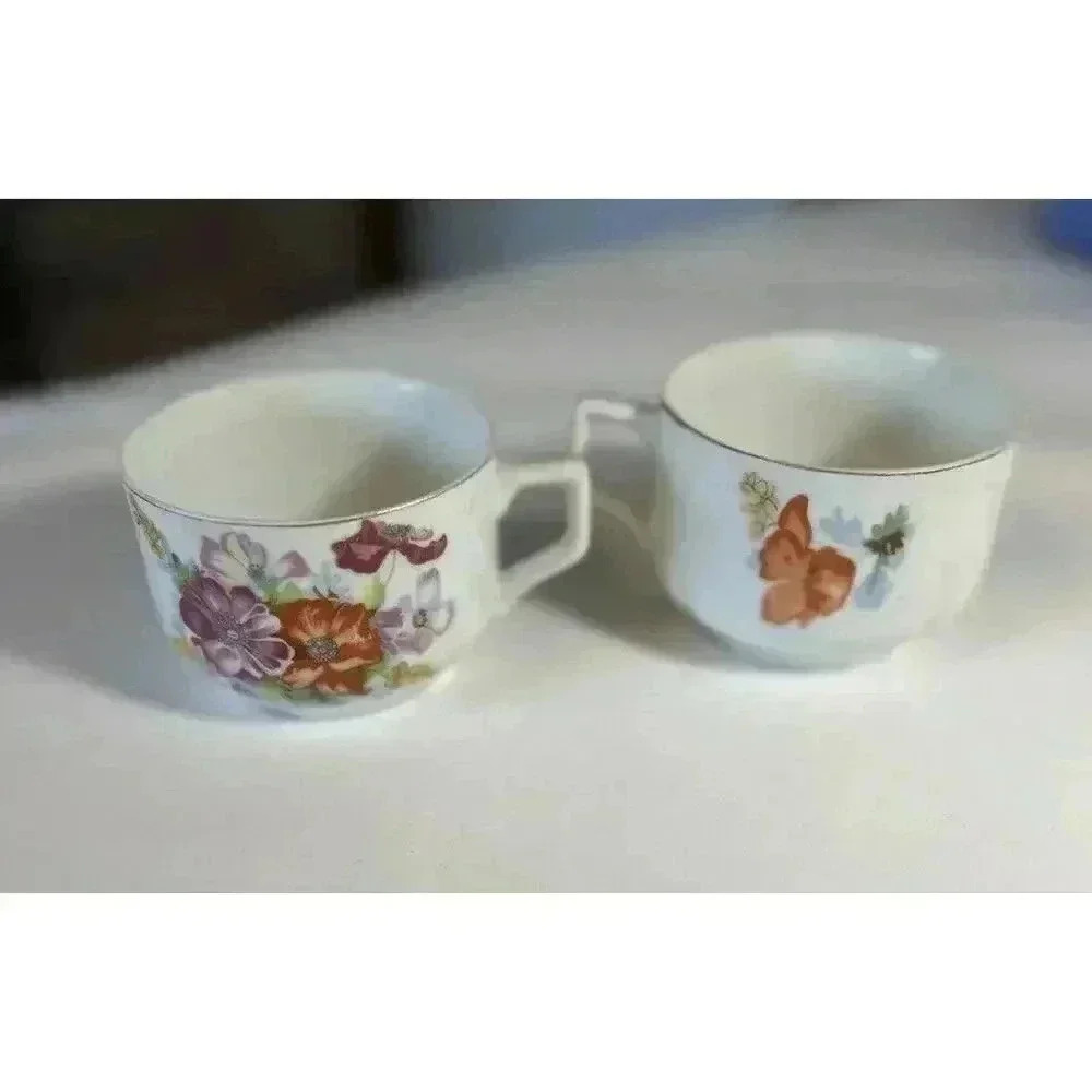 Occupied Japan pair demitasse Cups floral decal bouquet
